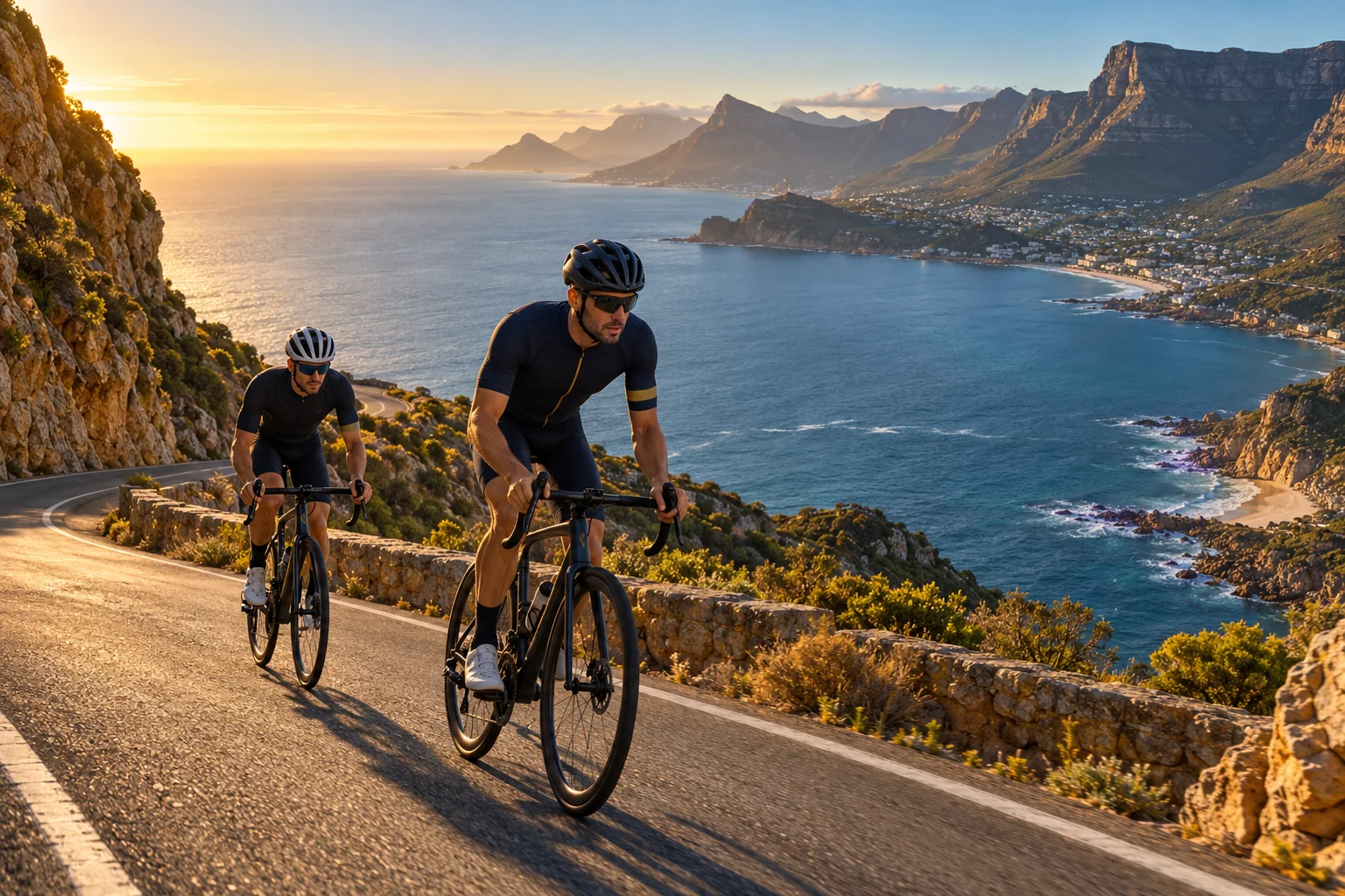 Road cyclists climbing a coastal mountain road above the Atlantic Ocean on the Cape Peninsula